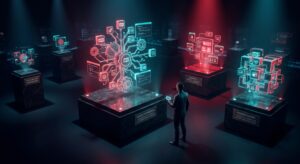 Un hombre de negocios contempla tres atriles con hologramas de WooCommerce, Shopify y PrestaShop en un archivo oscuro, simbolizando la decisión de plataforma de comercio electrónico.