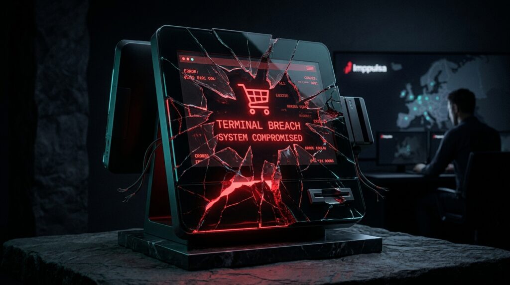 Un terminal de checkout de tienda online abandonado y fracturado con una alerta de seguridad roja carmesí.