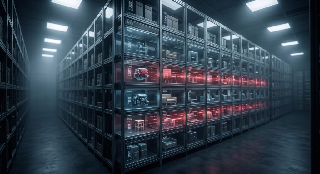 Estantería modular masiva y profunda en un almacén oscuro, con cajones de cristal que muestran productos holográficos y flujos de datos carmesí, simbolizando la arquitectura de PrestaShop.