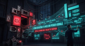 nfografía conceptual estilo ciberpunk mostrando a un especialista en SEO conectando un sitio web antiguo y caótico con errores 404 a una nueva estructura web optimizada y limpia. El panel central dice 'CÓMO REDISEÑAR TU WEB SIN PERDER POSICIONAMIENTO EN GOOGLE' y '¡EVITA EL ERROR 404 Y SALVA TU TRÁFICO!'. Incluye gráficos de 'Caída SEO' y 'Reconexión Récord'.