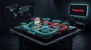 Diorama tecnológico futurista de Imppulsa que ilustra un sistema vivo de mantenimiento técnico para tiendas online.