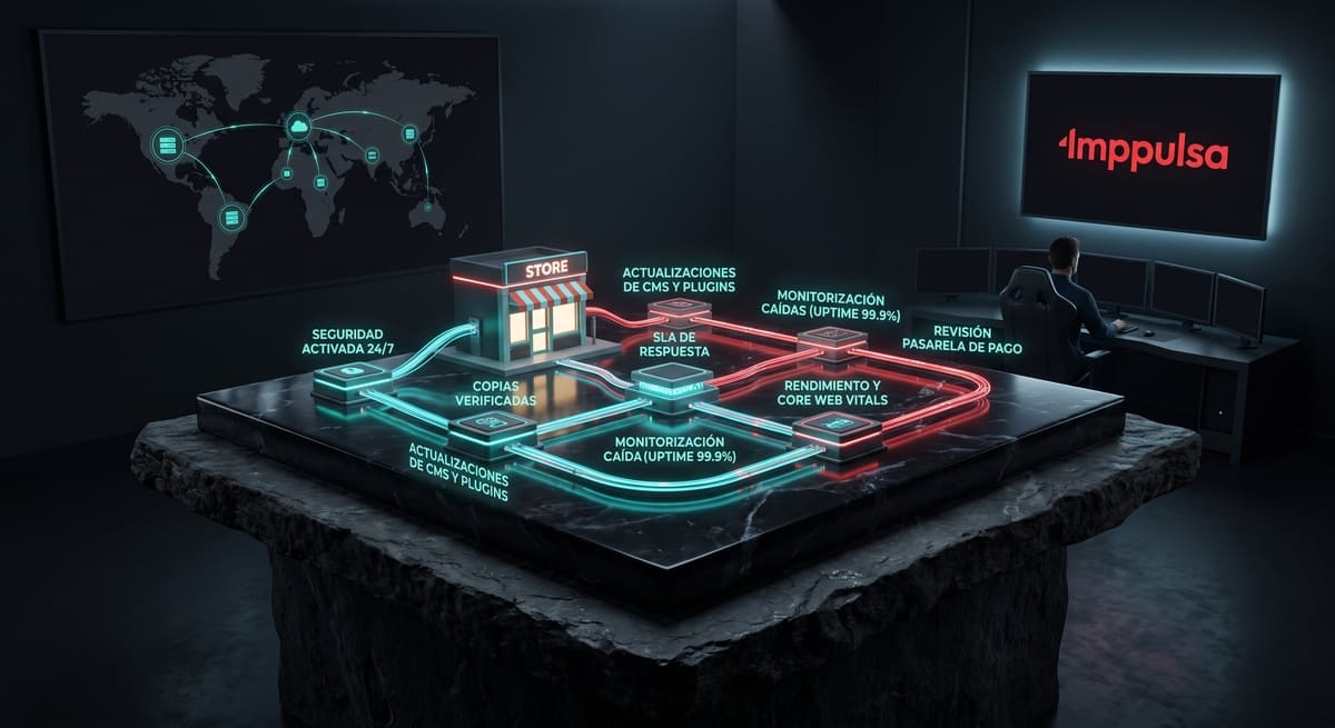 Diorama tecnológico futurista de Imppulsa que ilustra un sistema vivo de mantenimiento técnico para tiendas online.