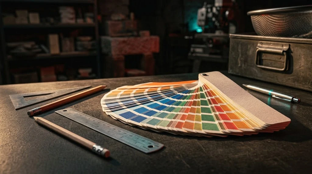 Abanico de cartas de color, regla metálica y lápices sobre una mesa de diseño de identidad corporativa