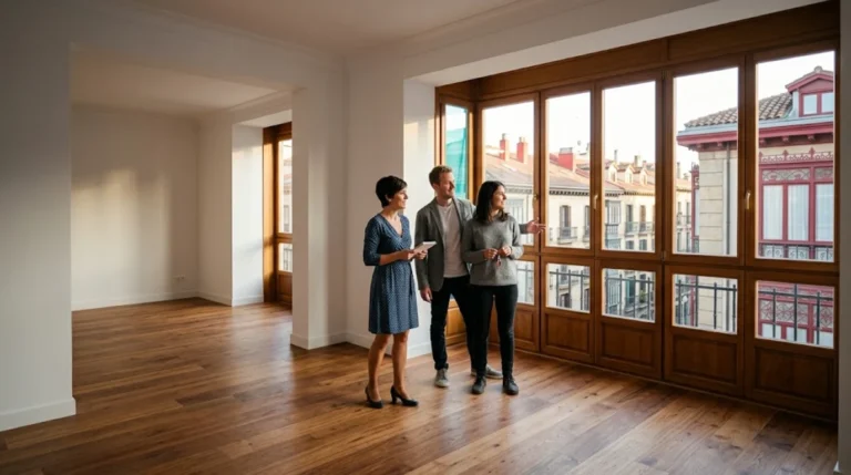 Agente inmobiliaria muestra a una pareja un piso reformado del Ensanche de Pamplona junto al mirador