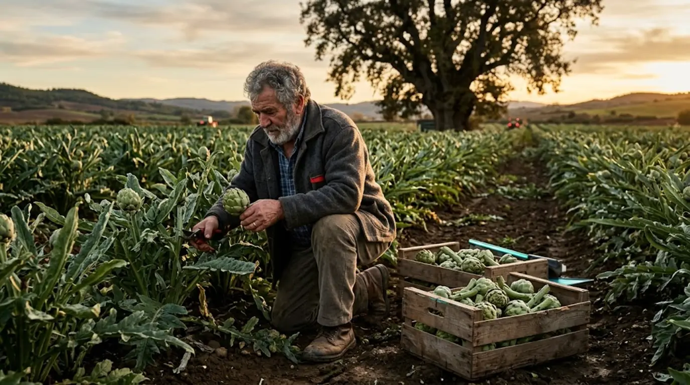 Agricultor de la Ribera cosecha alcachofas en la huerta que cultiva desde hace años