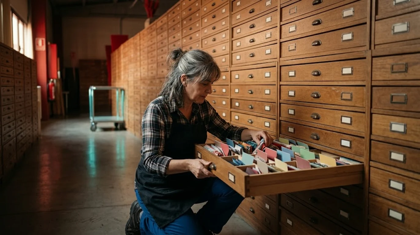 llms.txt y Schema.org como un archivo ordenado: archivera abre un cajón de retales clasificados con pestañas de colores en una textil