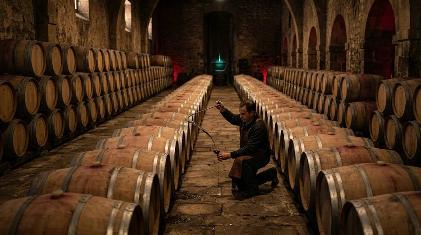 Bodeguero toma una muestra entre hileras de barricas de roble en la nave de crianza de una bodega navarra