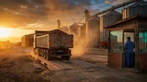 Camión cargado sobre la báscula de una cooperativa agrícola de la Ribera al atardecer