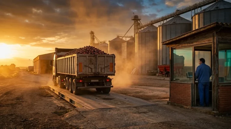 Camión cargado sobre la báscula de una cooperativa agrícola de la Ribera al atardecer
