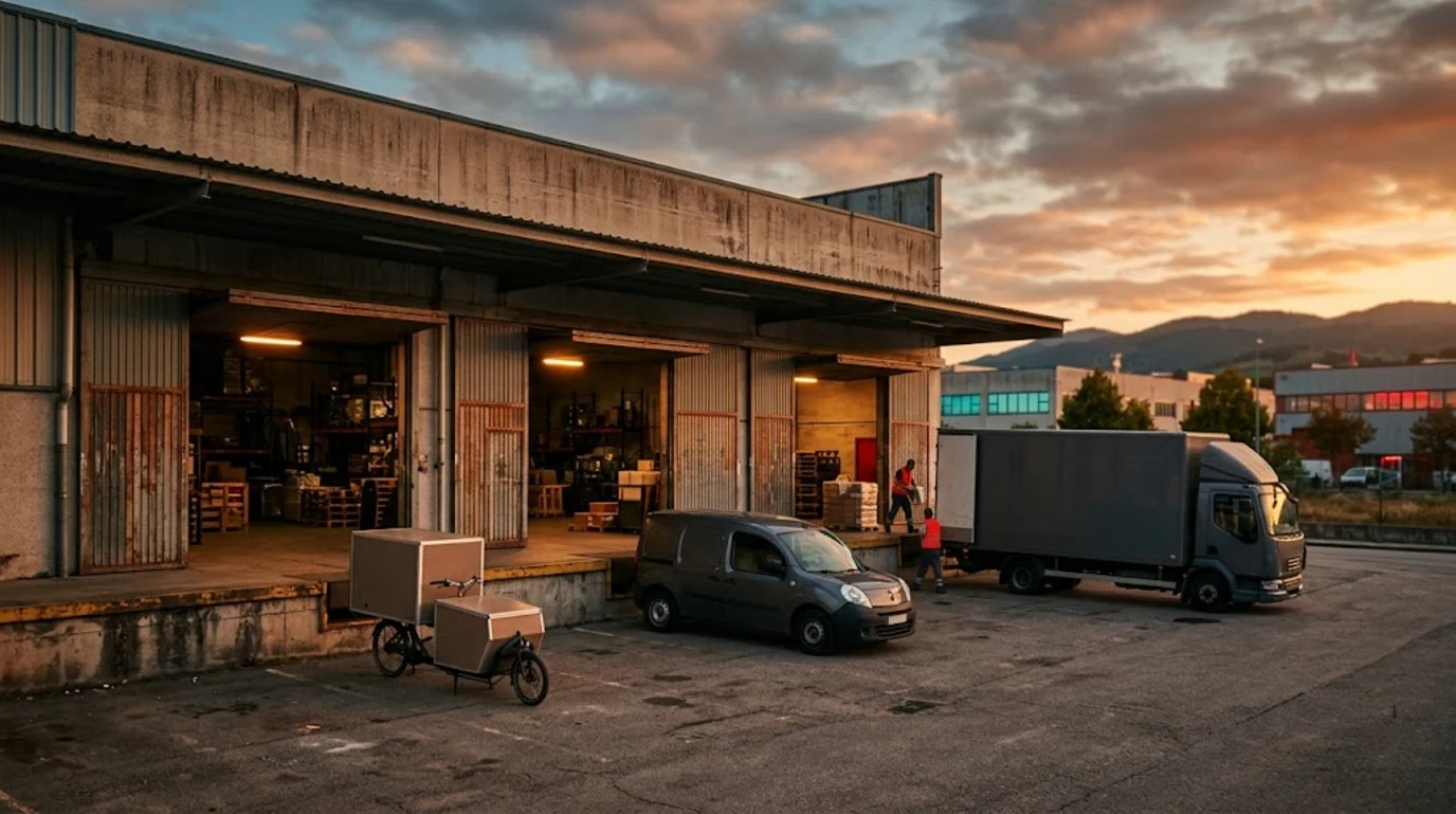 WooCommerce, Shopify o PrestaShop como tres vehículos de reparto: bicicleta, furgoneta y camión ante tres puertas de un muelle de carga al atardecer