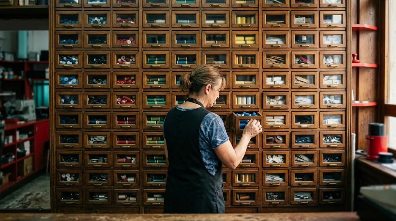 Diseño web para ecommerce como una mercería ordenada: pared de cajoncitos por familias y colores mientras la dependienta abre uno
