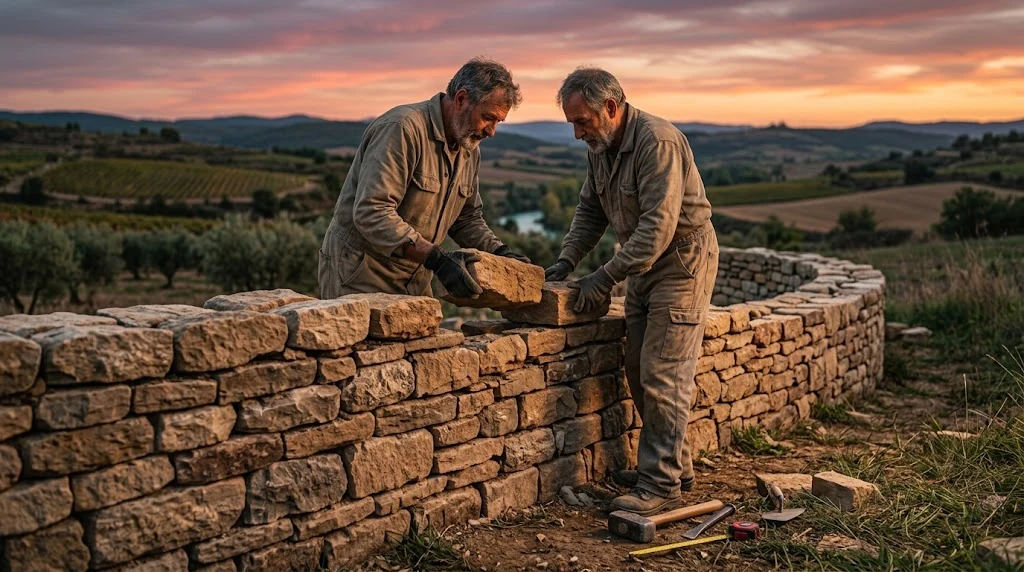 Dos canteros levantan un muro de piedra seca al atardecer en el campo navarro, hilada a hilada