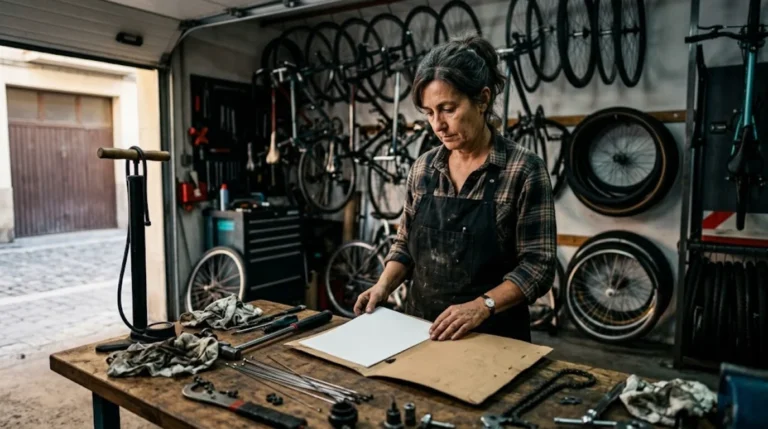 Dueña de un taller de bicicletas abre una carpeta de entregables casi vacía sobre el banco de trabajo