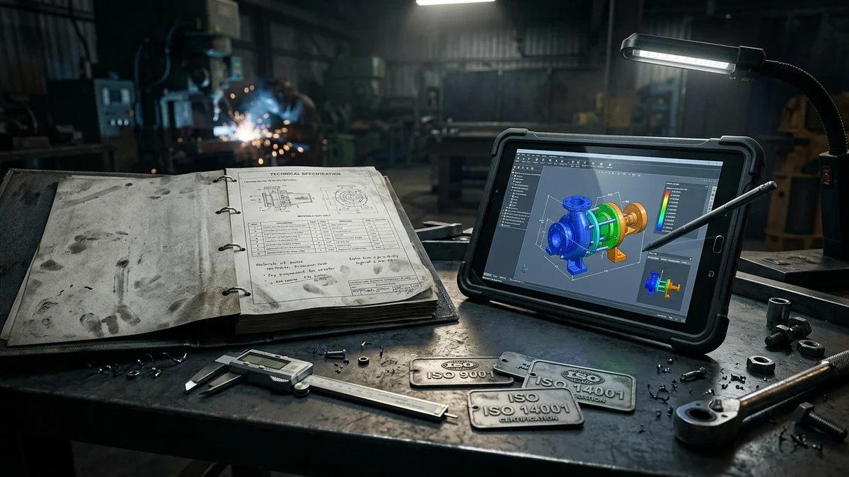 Branding industrial: documentación técnica, sellos ISO y catálogo digital de productos industriales en tablet resistente para compras B2B