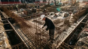 Encargado revisa la ferralla de la cimentación de un edificio en obra, vista desde arriba