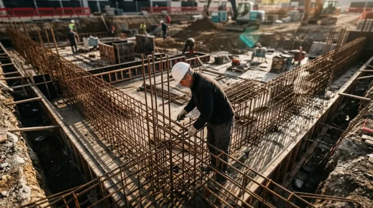 Encargado revisa la ferralla de la cimentación de un edificio en obra, vista desde arriba