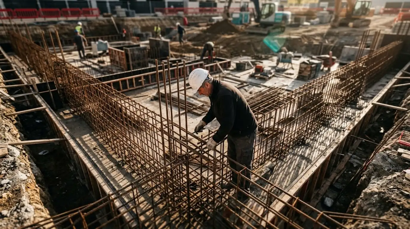 Encargado revisa la ferralla de la cimentación de un edificio en obra, vista desde arriba
