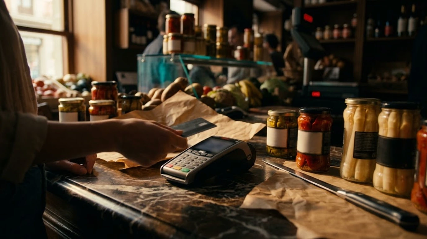 Clienta paga con tarjeta en el datáfono del mostrador de mármol de una tienda gourmet