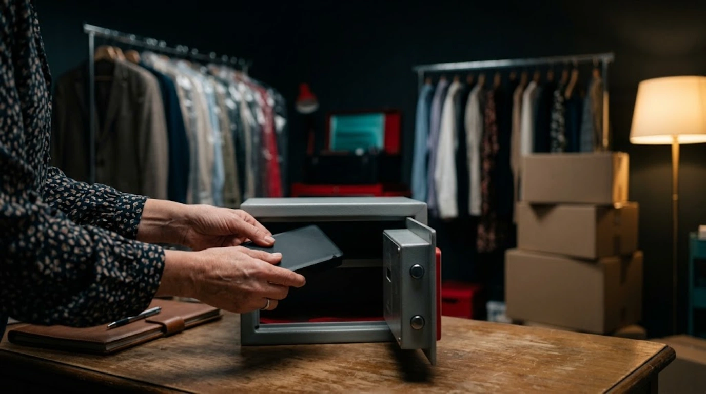 Mantenimiento de tienda online: dueña de una boutique guarda un disco duro de copia de seguridad en una caja fuerte de la trastienda
