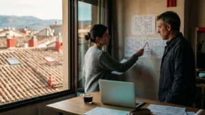 Diseñadora y cliente revisan bocetos de páginas web dibujados a mano y pegados en la pared del estudio