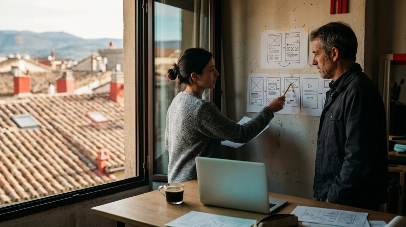 Diseñadora y cliente revisan bocetos de páginas web dibujados a mano y pegados en la pared del estudio