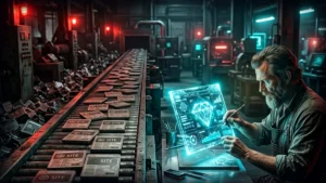 Artesano diseñando una pieza en una tableta luminosa junto a una cadena de productos idénticos