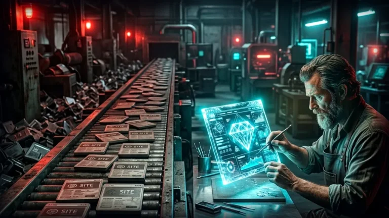 Artesano diseñando una pieza en una tableta luminosa junto a una cadena de productos idénticos