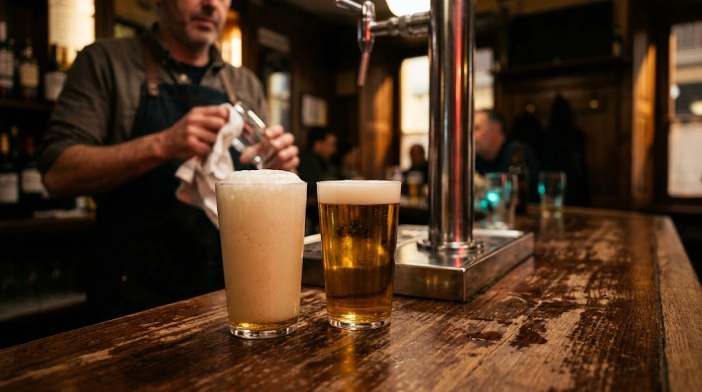 Señales de que tu agencia SEO vende humo: dos cañas en la barra de un bar, una casi toda espuma y otra bien tirada