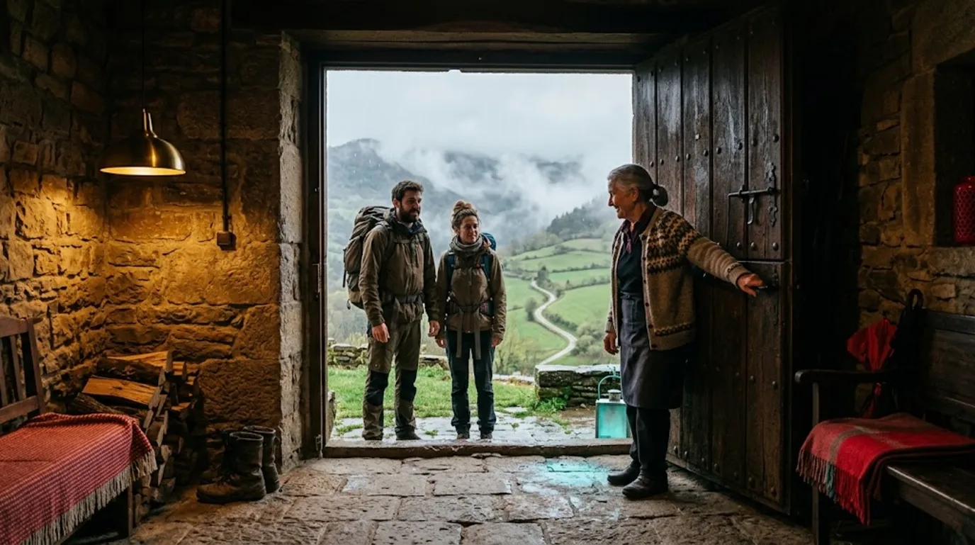 Kit Digital para web de una casa rural: la dueña abre la puerta de madera a una pareja de huéspedes en el Pirineo navarro