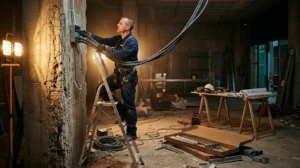 Electricista pasa canalizaciones por la pared sin enlucir de una tienda en obra, antes de montar las estanterías