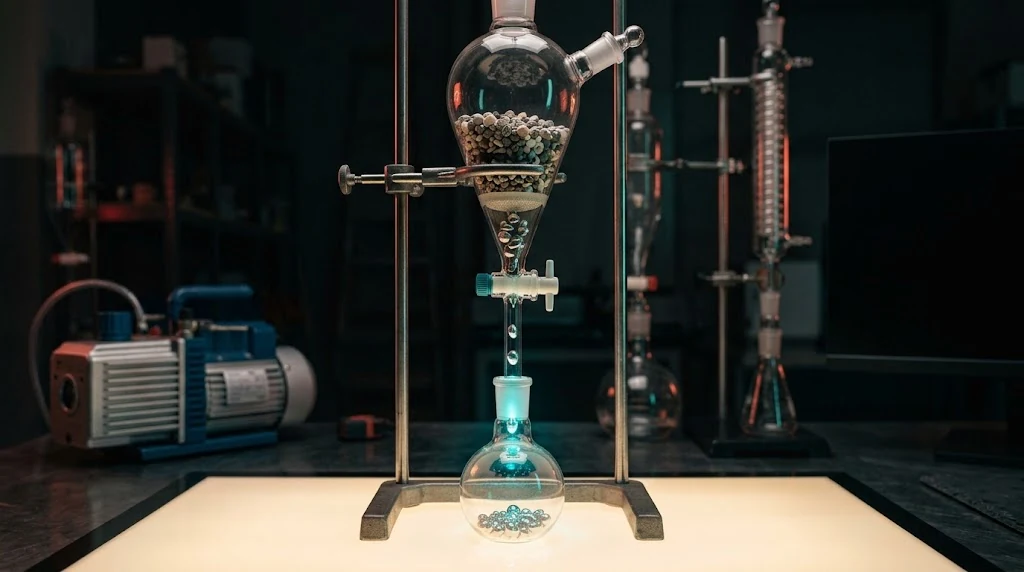 Embudo de cristal de laboratorio que filtra granos, metáfora de un embudo de conversión en campañas de pago