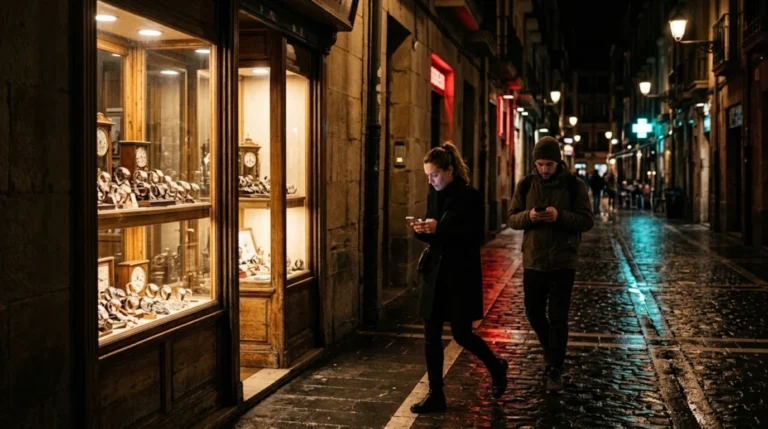 Escaparate iluminado de una tienda del casco antiguo mientras los peatones pasan mirando el móvil sin verlo