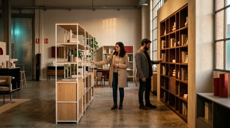 Pareja compara una estantería modular de serie con una librería de nogal hecha a medida