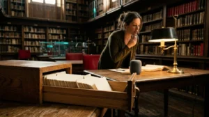 Cajón de fichero de biblioteca abierto y, al fondo, una mujer que pregunta en voz alta a un altavoz inteligente