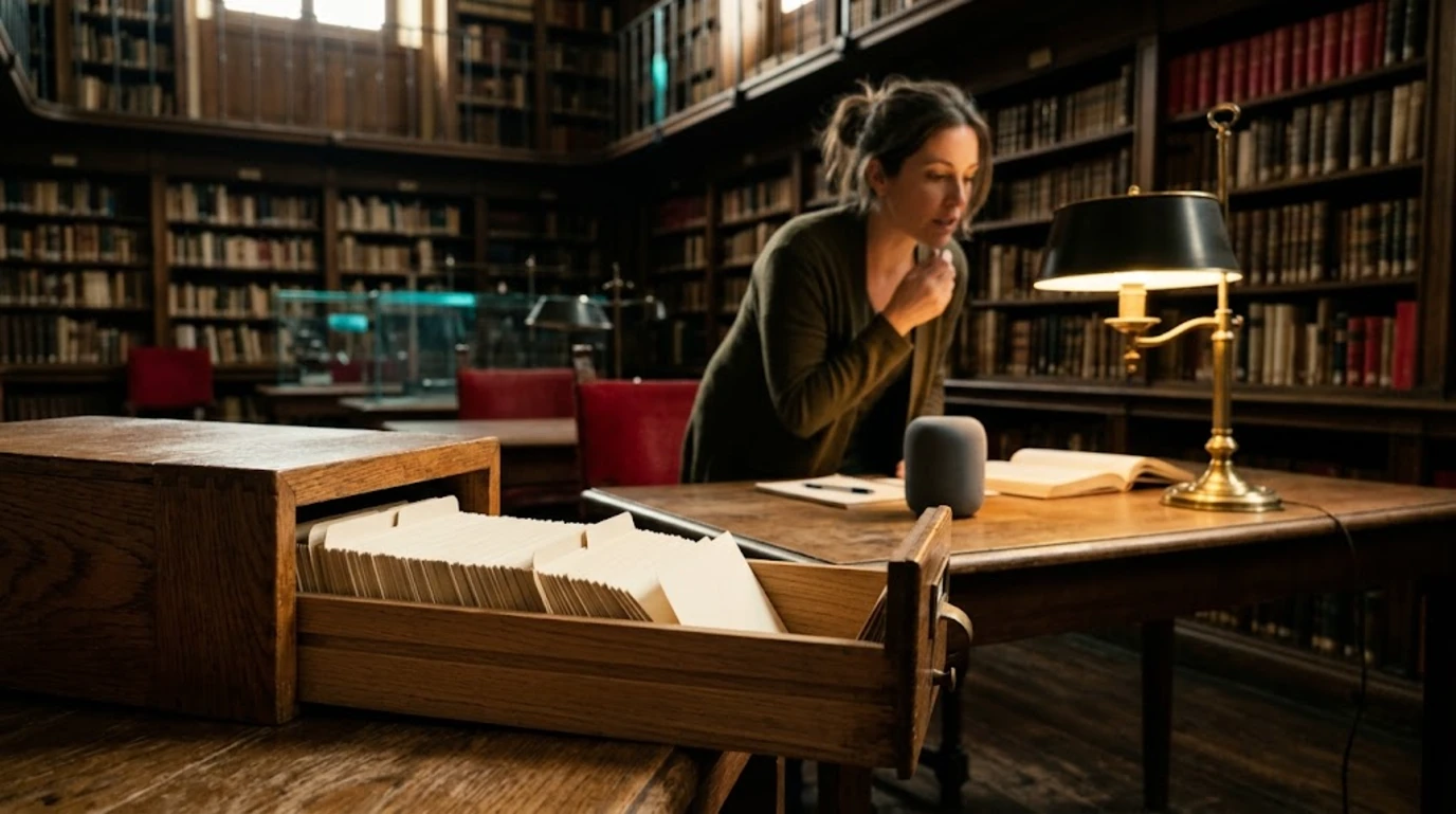 Cajón de fichero de biblioteca abierto y, al fondo, una mujer que pregunta en voz alta a un altavoz inteligente