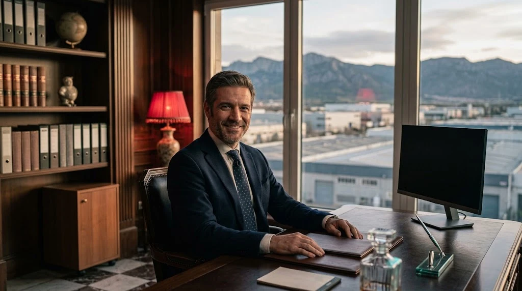 Gerente en su despacho con vistas a un polígono industrial de Navarra