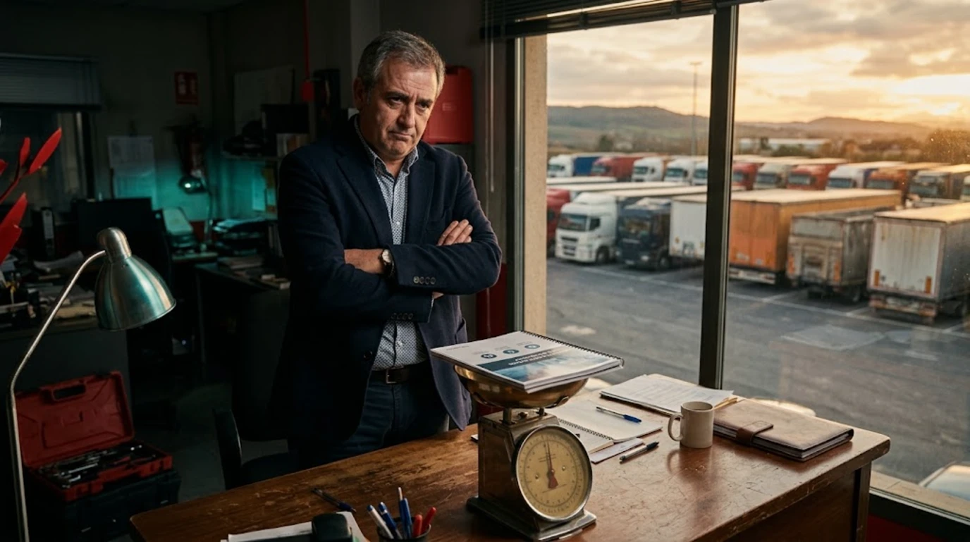 Gerente de una empresa de transporte mira escéptico un informe brillante colocado sobre una báscula de cocina