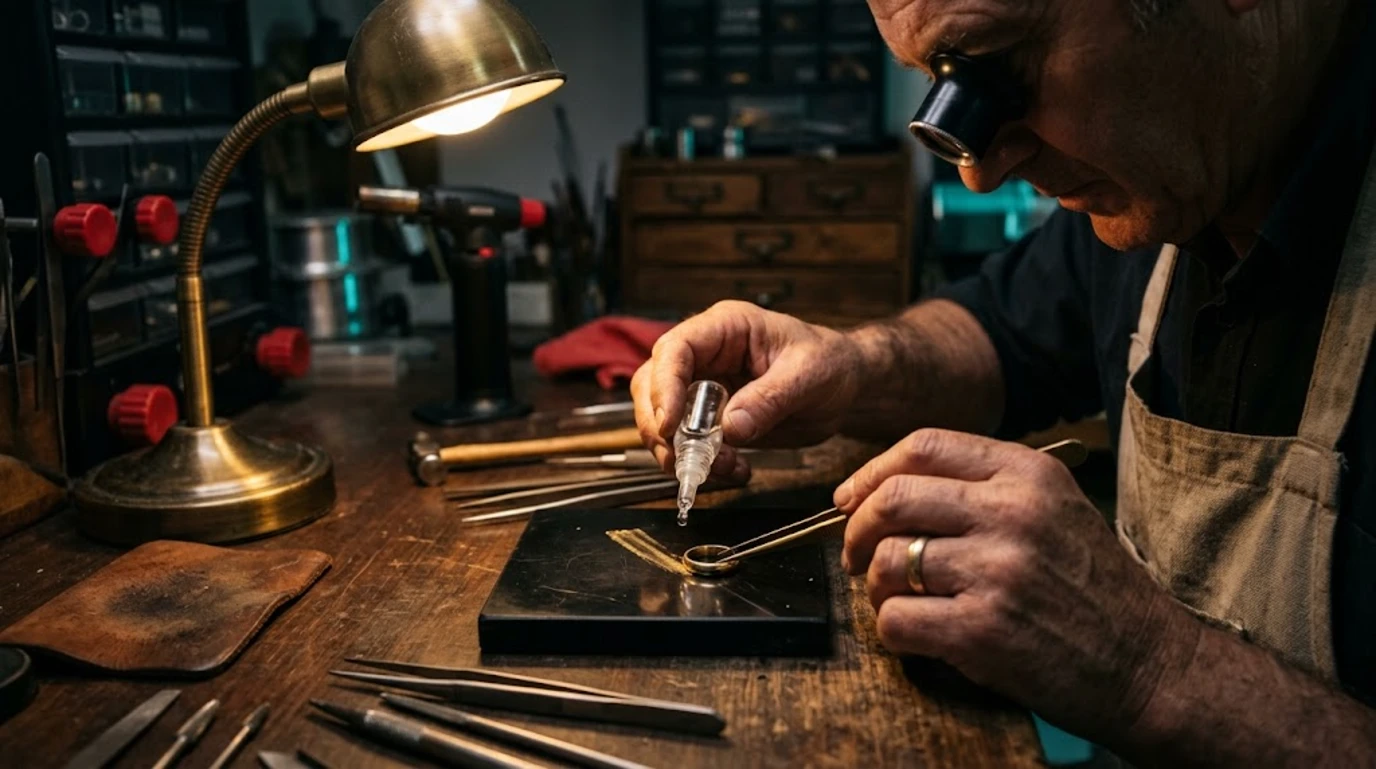 Joyero verifica la autenticidad de un anillo de oro con una piedra de toque y una gota de ácido