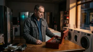 Dueño de una tienda de electrodomésticos abre sobre el mostrador una caja de herramientas básica
