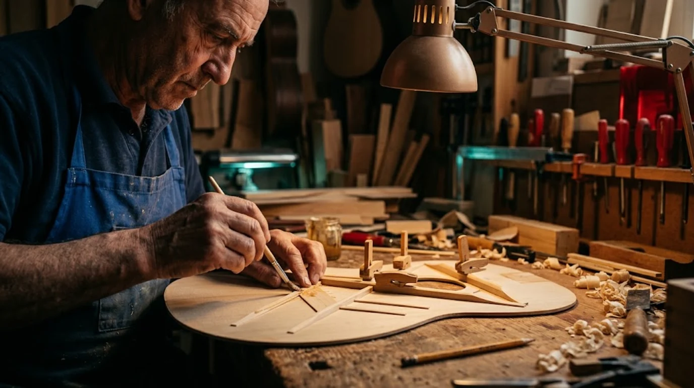 Diseño web a medida como el trabajo de un luthier que encola las varetas del interior de la tapa de una guitarra en su taller