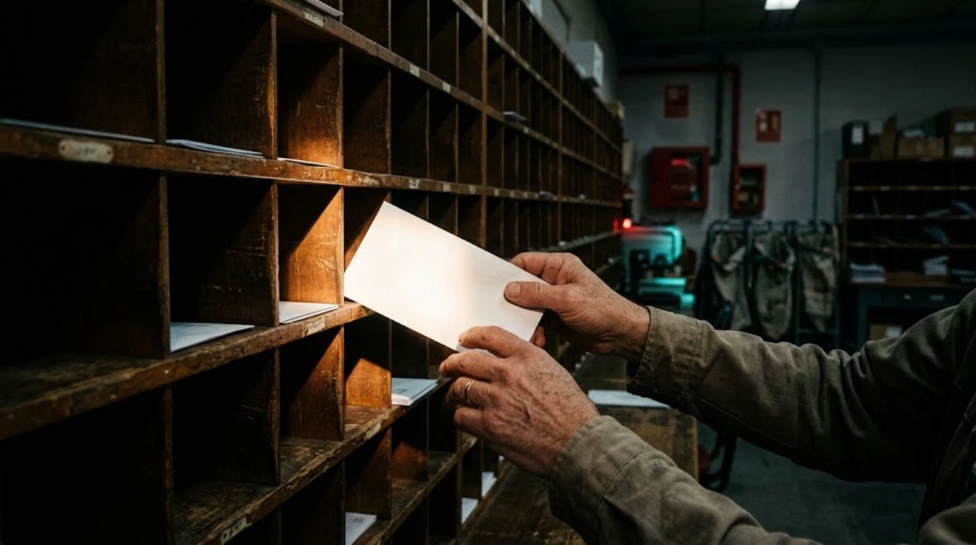 Diferencia entre SEO y GEO: manos repartiendo sobres en blanco en un casillero de madera, como metáfora de cómo se indexa la información