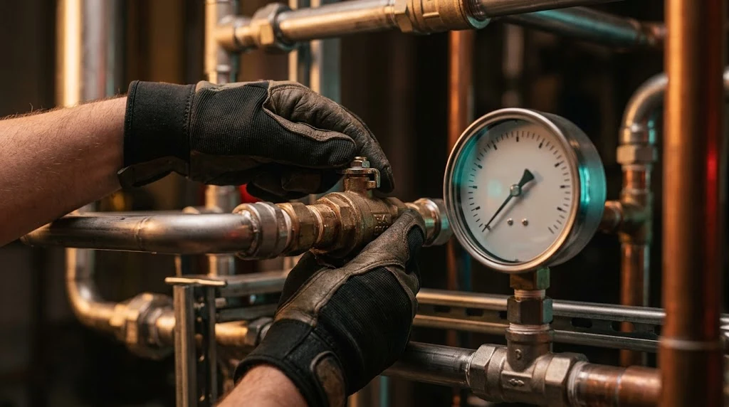 Manos con guantes regulan una válvula industrial junto a un manómetro