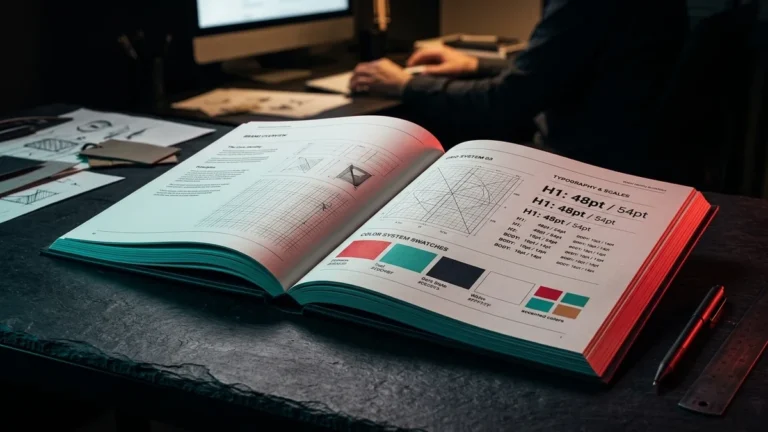 Manual de identidad corporativa abierto con muestras de color y tipografía