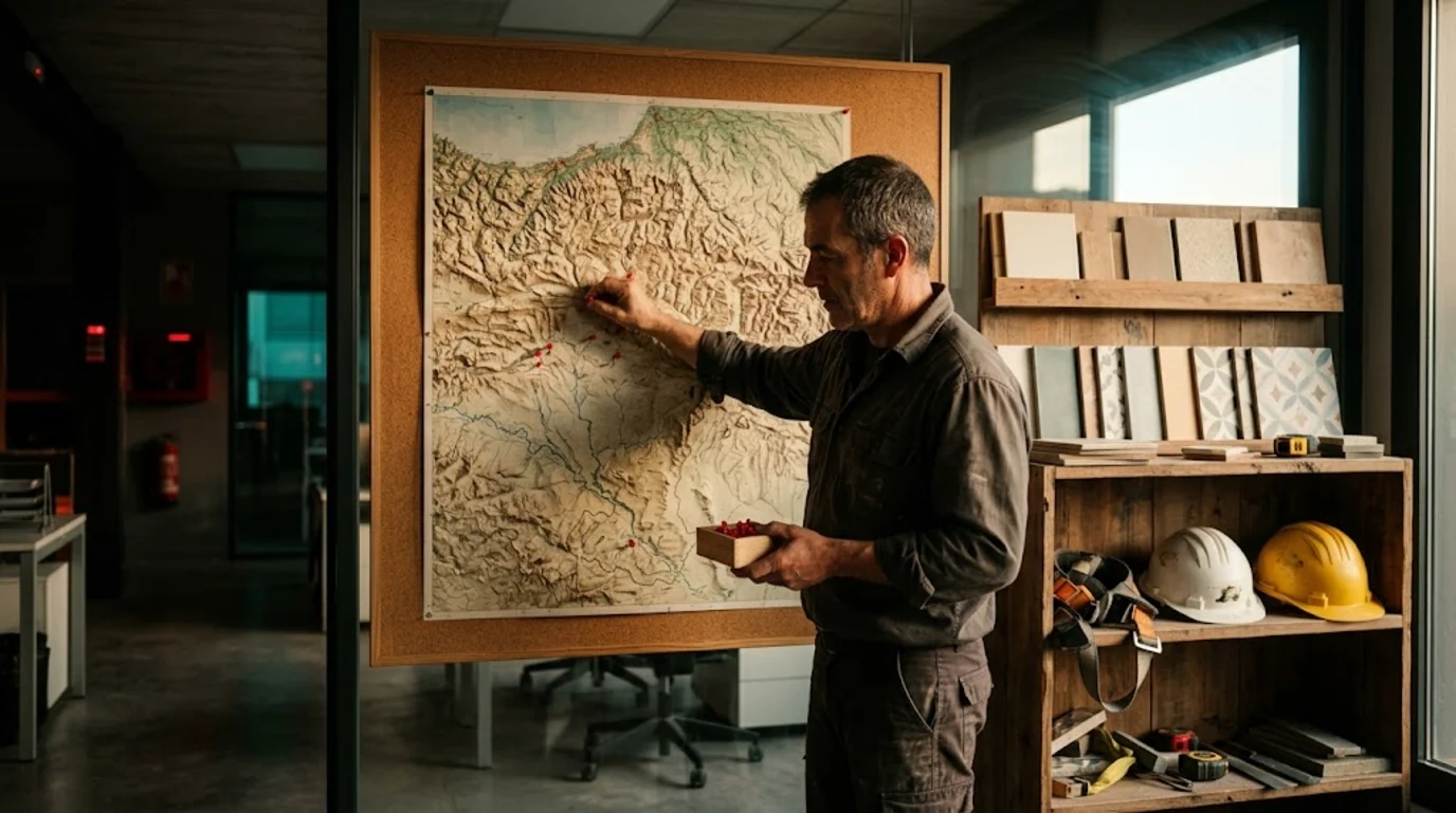 Encargado de una empresa de reformas clava chinchetas rojas en un mapa en relieve de la comarca