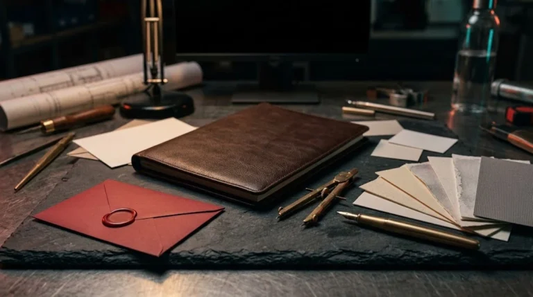 Mesa con propuesta de branding: carpeta de piel, muestras de papel, compás y sobre lacrado