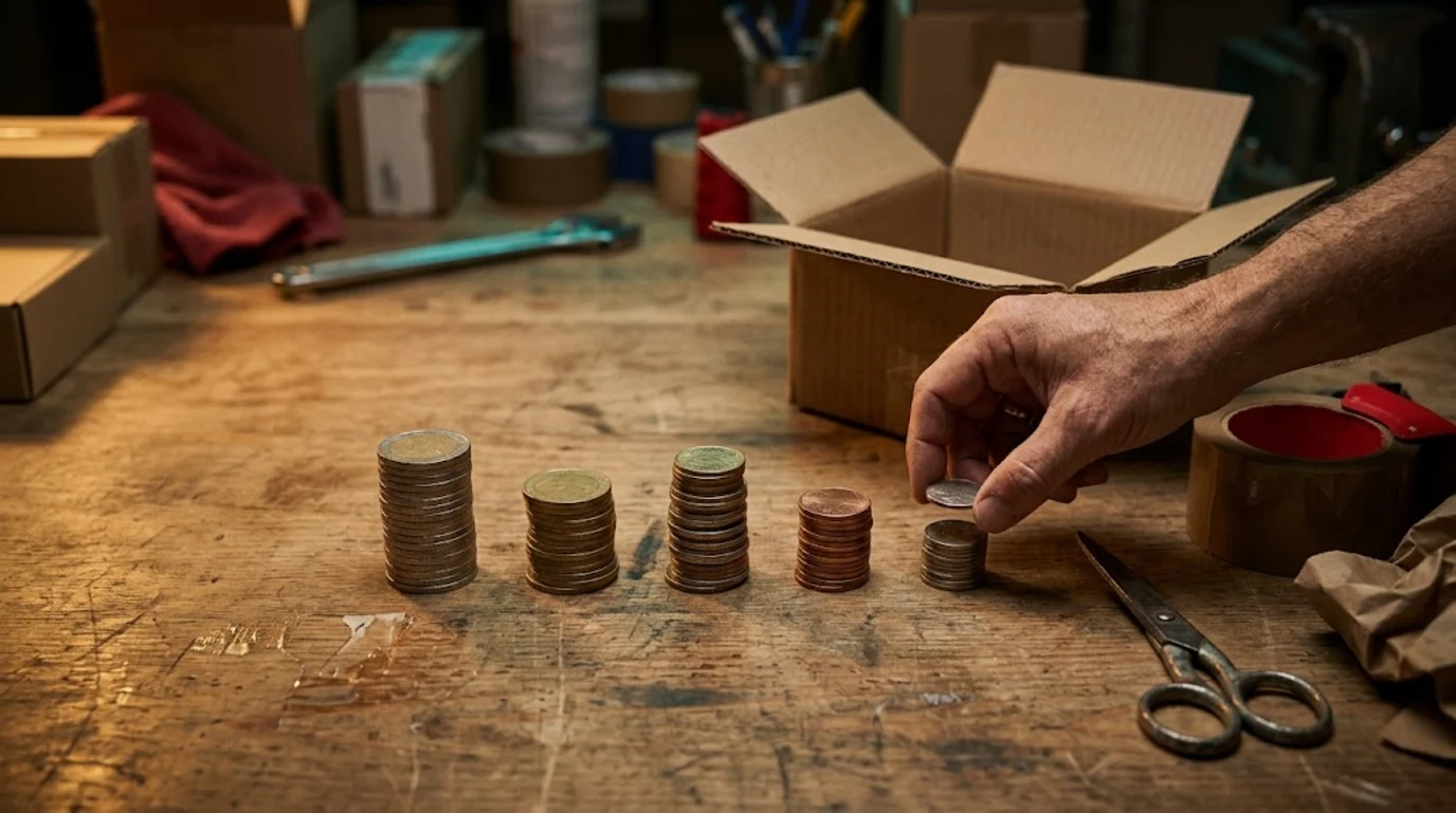 Cuánto cuesta una tienda online: cinco montones de monedas de distinta altura junto a una caja de envío vacía, vistos desde arriba