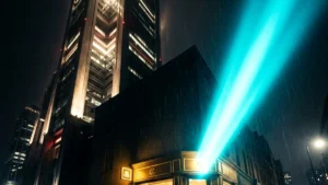 Rascacielos que proyecta un haz de luz turquesa sobre un pequeño local a pie de calle