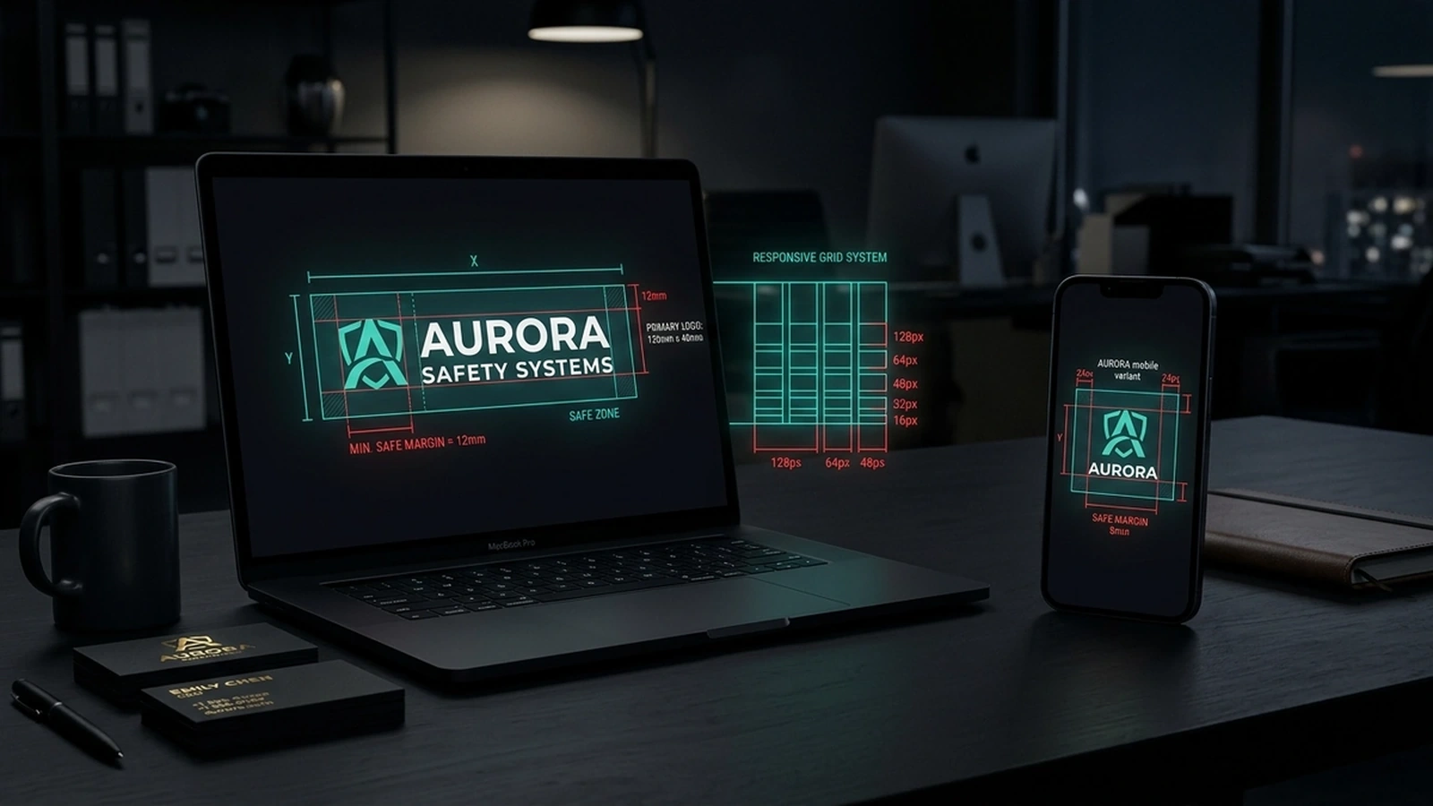 Aplicaciones correctas y retícula de seguridad de logotipo corporativo en pantallas digitales y tarjetas de visita