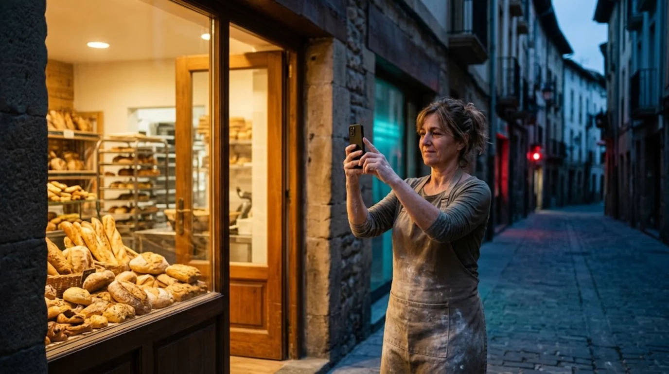 SEO local en Navarra: panadera fotografía con el móvil la fachada de su obrador recién abierto al amanecer