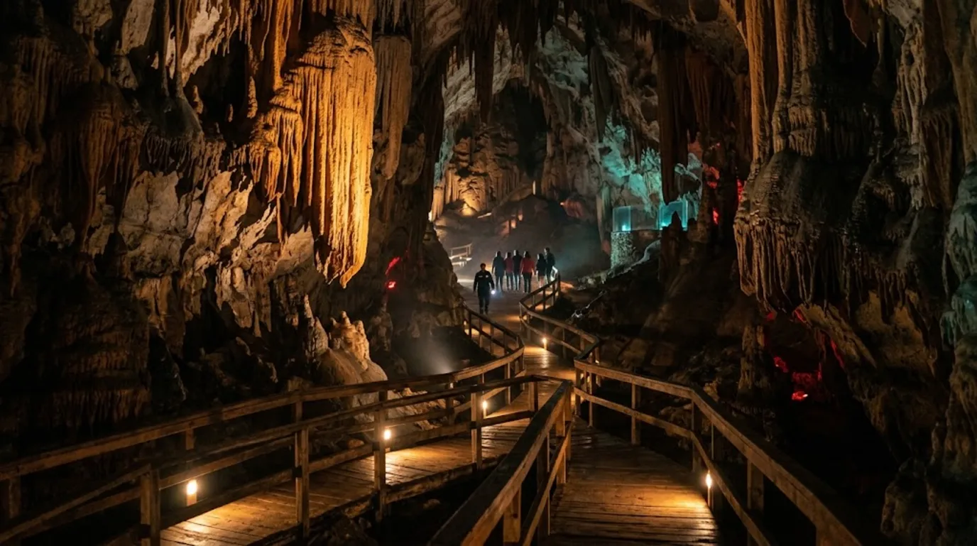Pasarela de una cueva guiada por balizas en el suelo, metáfora del archivo que orienta a los asistentes de IA